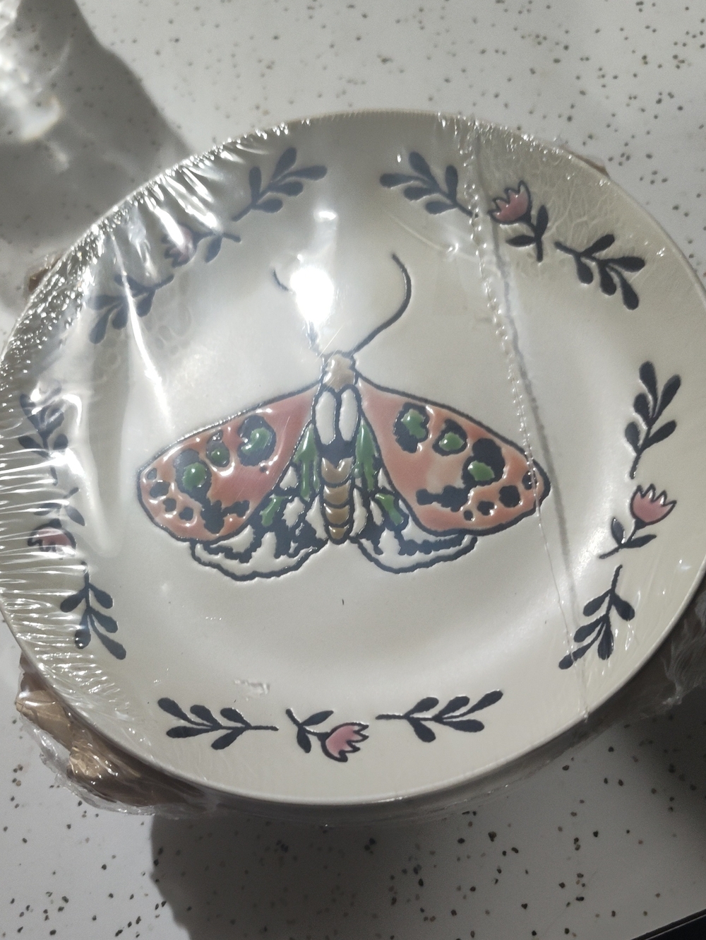 Butterfly/Moth Decorative Ceramic Plate 4  Pink, Green, Blue